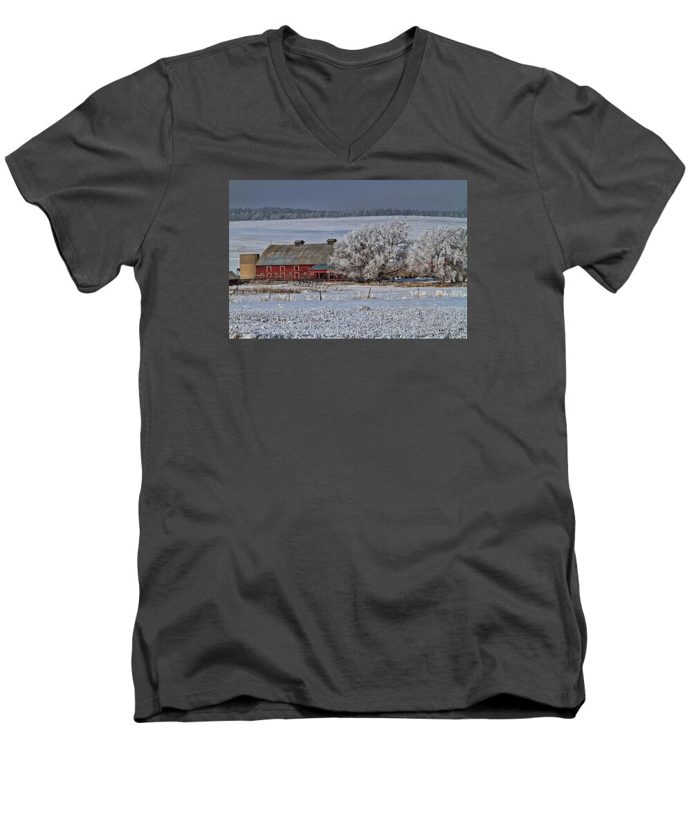 Winter Men's V-Neck T-Shirt featuring the photograph Red Barn in Winter by Alana Thrower