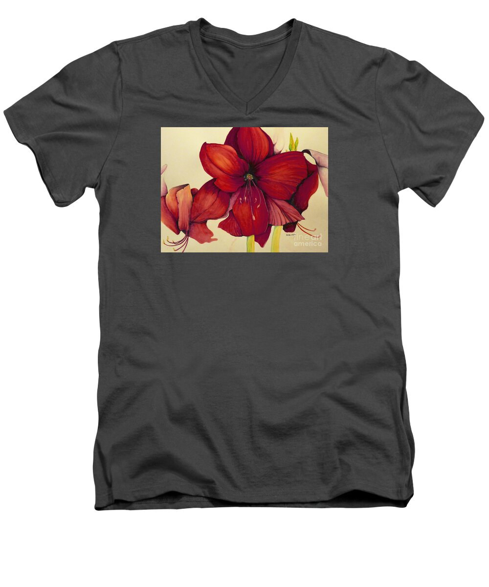 Amaryllis Men's V-Neck T-Shirt featuring the painting RED Christmas Amaryllis by Rachel Lowry