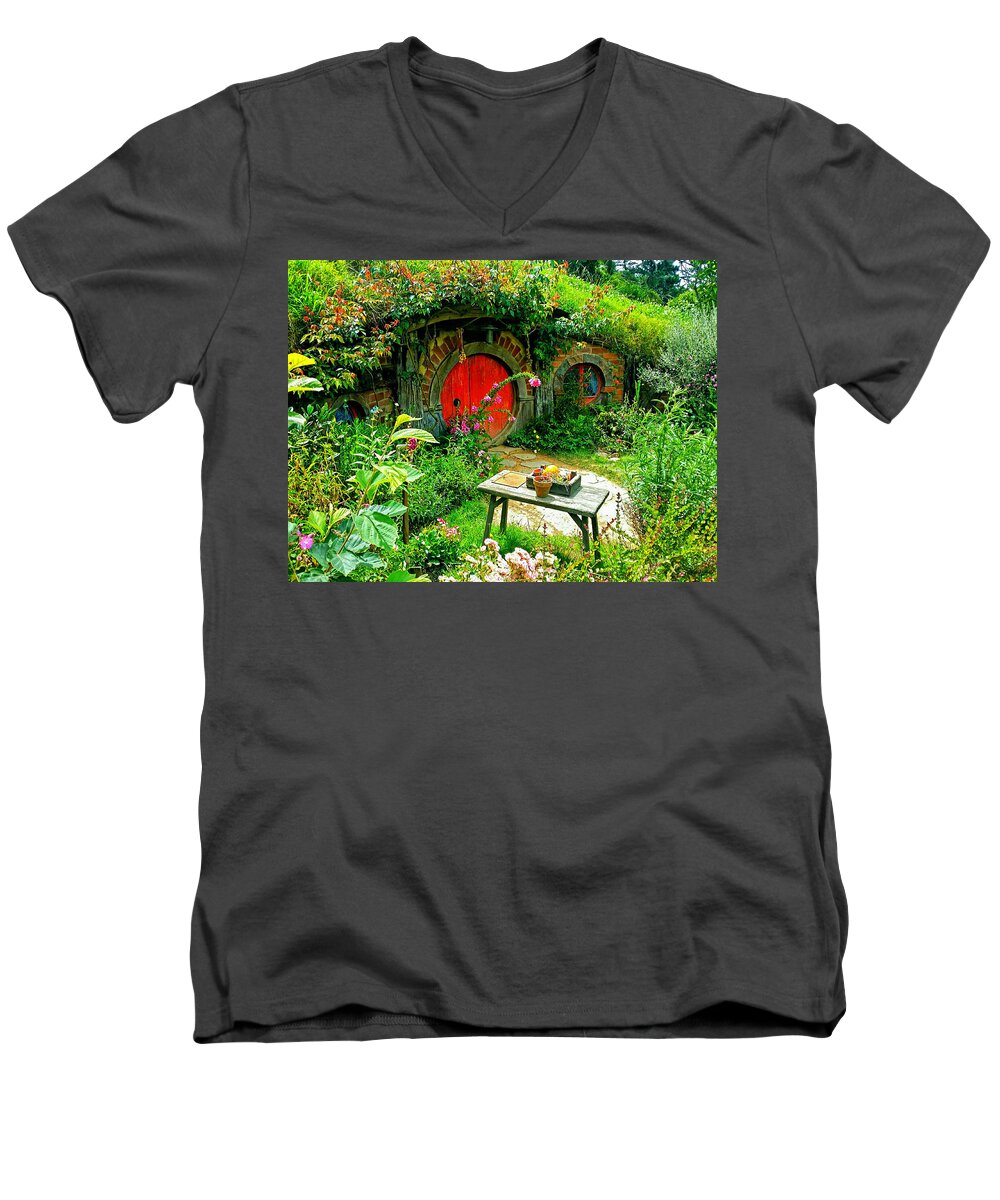 Hobbiton Men's V-Neck T-Shirt featuring the photograph Red Door Hobbit Home Photo by Kathy Kelly