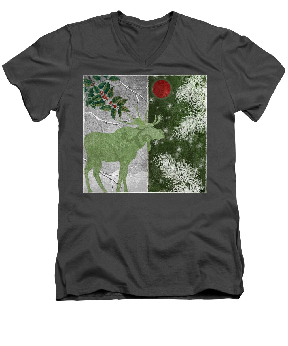 Moose Christmas Men's V-Neck T-Shirt featuring the painting Red Moon Christmas Moose by Mindy Sommers