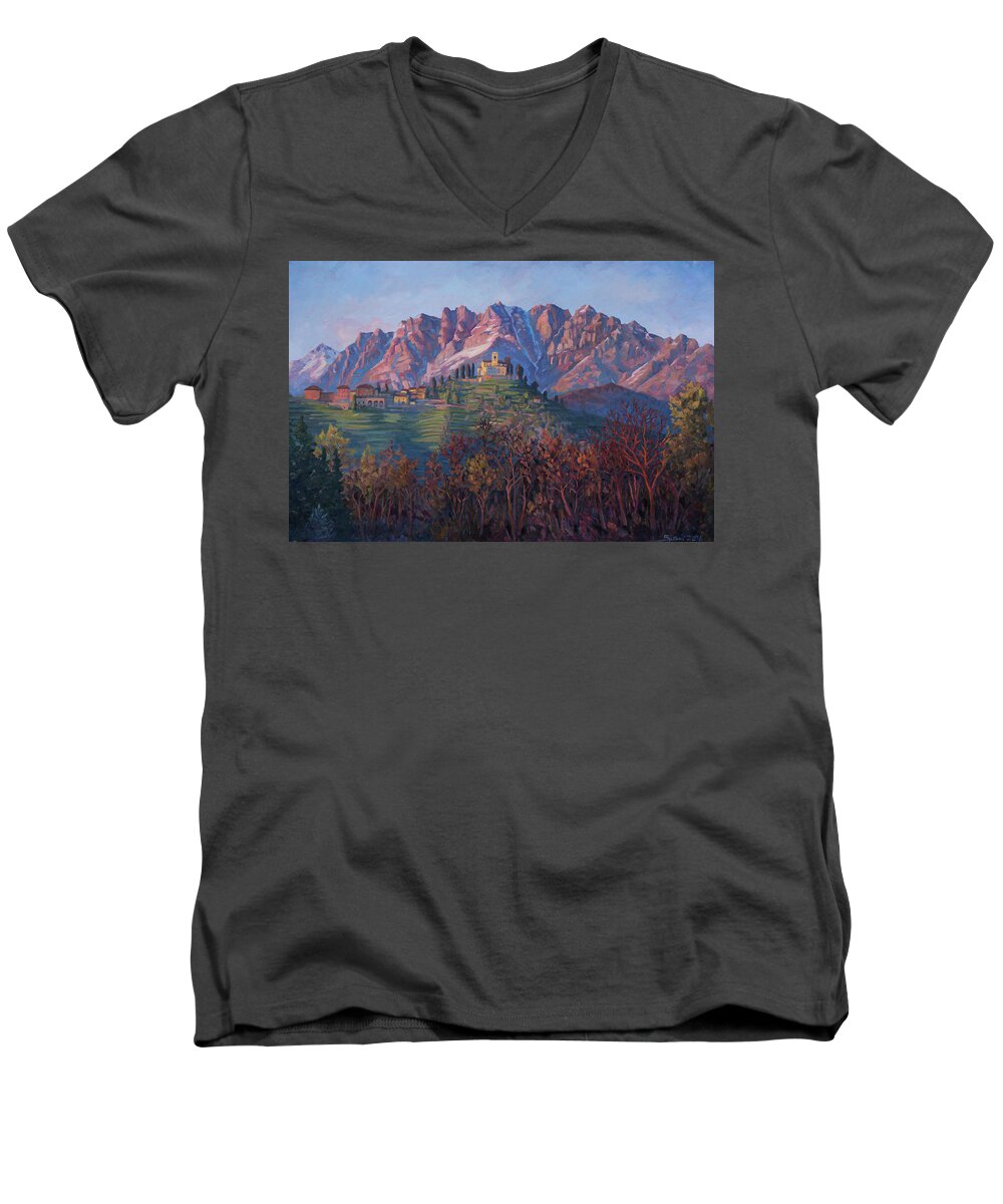 Mountain Men's V-Neck T-Shirt featuring the painting Red Resegone by Marco Busoni