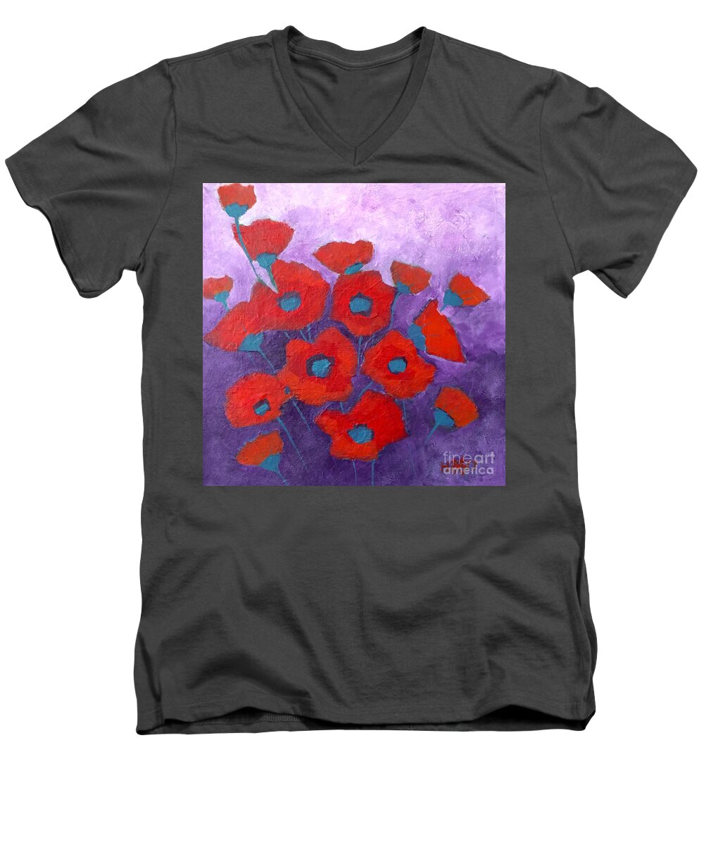 Nature Men's V-Neck T-Shirt featuring the painting Red on purple by Wonju Hulse