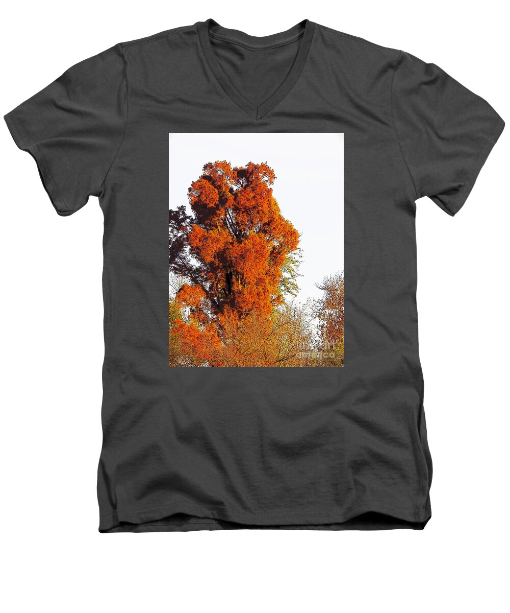 Red Reddish Orange Red-orange Tree Trees Fall Woods Wood Leaf Leaves Craig Walters A An The Art Artist Photo Photograph Men's V-Neck T-Shirt featuring the digital art Red-Orange Fall Tree by Craig Walters