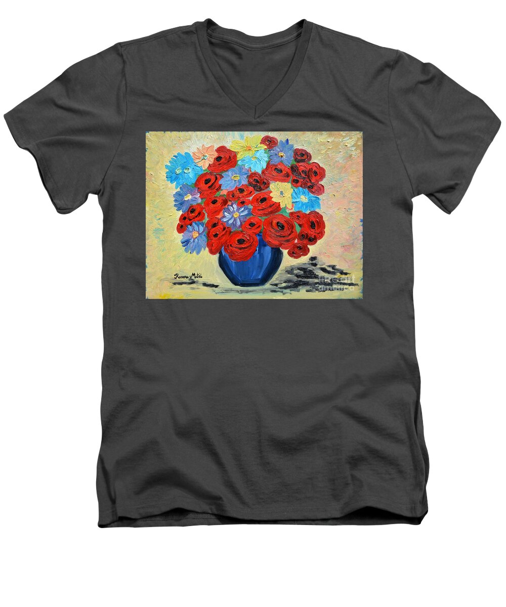 Poppies Men's V-Neck T-Shirt featuring the painting Red Poppies and All Kinds of Daisies by Ramona Matei