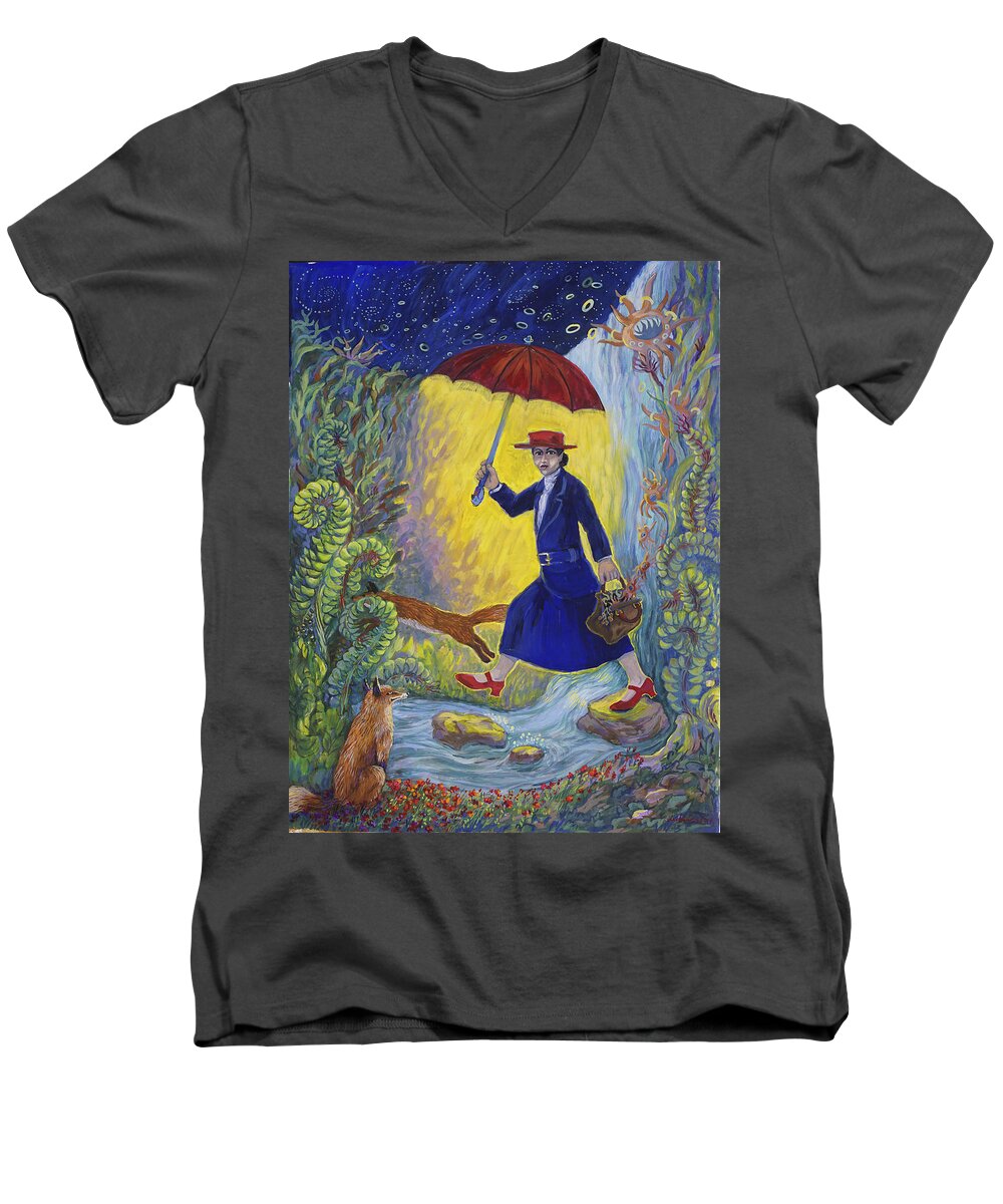 Landscape Men's V-Neck T-Shirt featuring the painting Red Shoes Mary Poppins by Shoshanah Dubiner