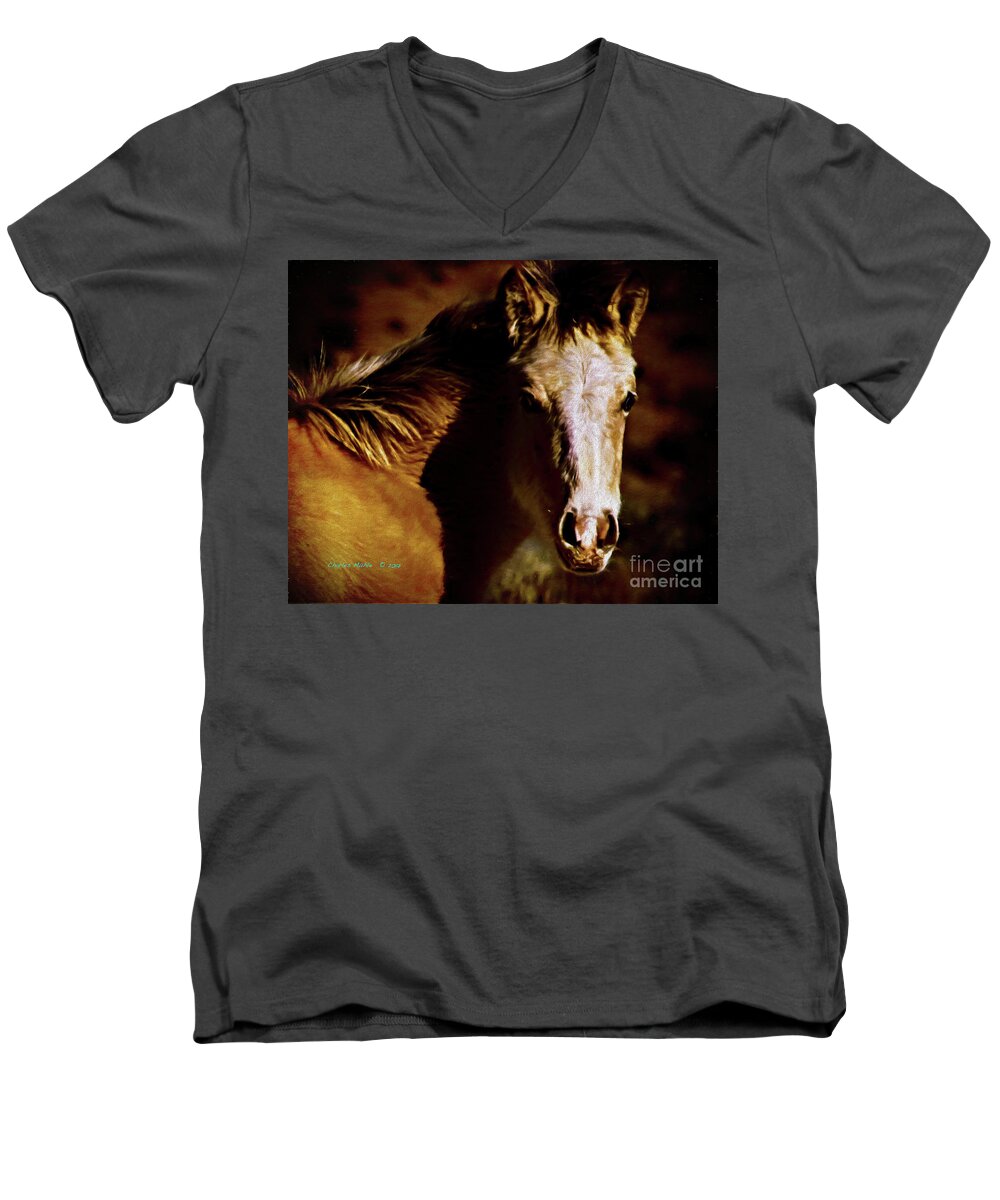 Digital Men's V-Neck T-Shirt featuring the painting Red Willow pony LX by Charles Muhle