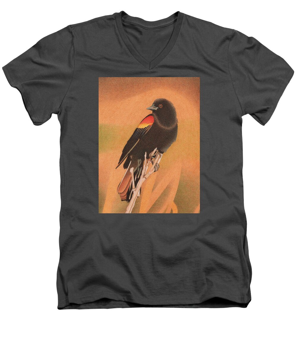 Art Men's V-Neck T-Shirt featuring the drawing Red-winged Blackbird 3 by Dan Miller
