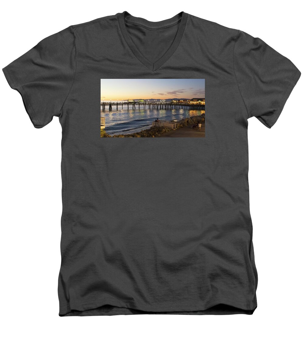 Sunset Men's V-Neck T-Shirt featuring the photograph Redondo Pier at Sunset by Michael Hope