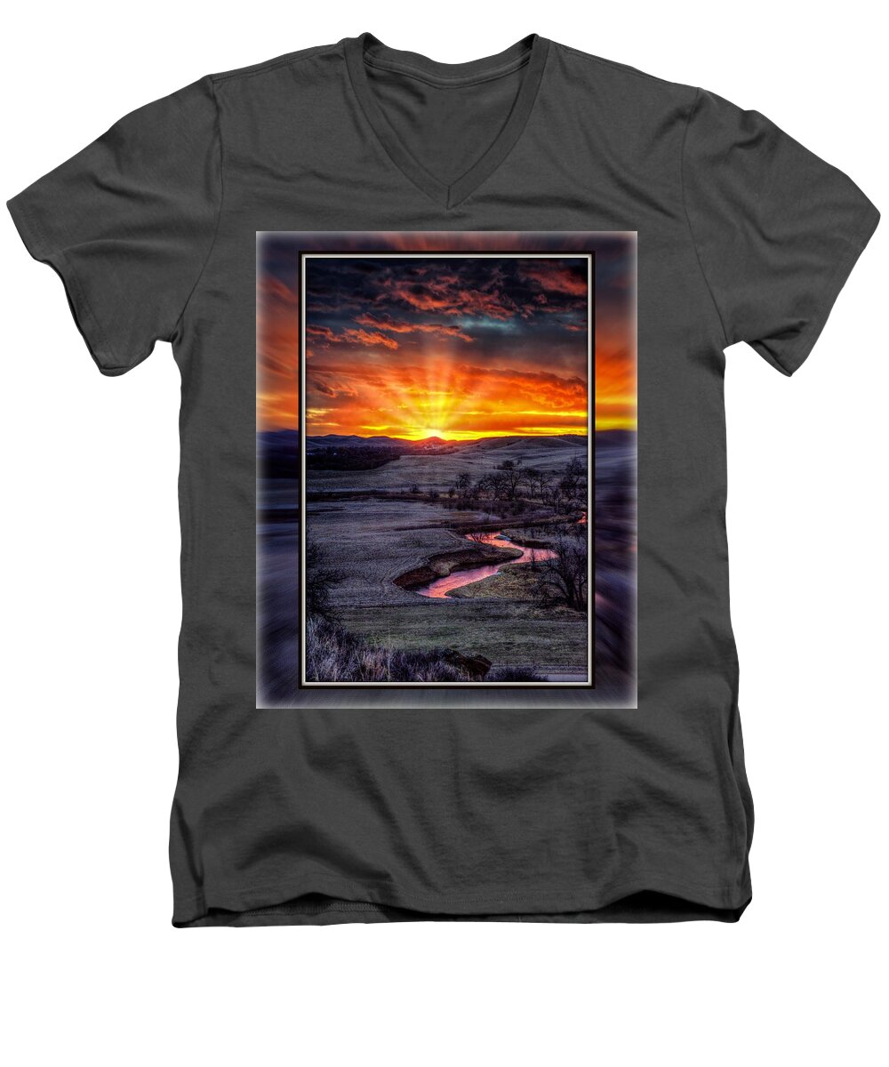 Redwater Men's V-Neck T-Shirt featuring the photograph Redwater River Sunrise by Fiskr Larsen