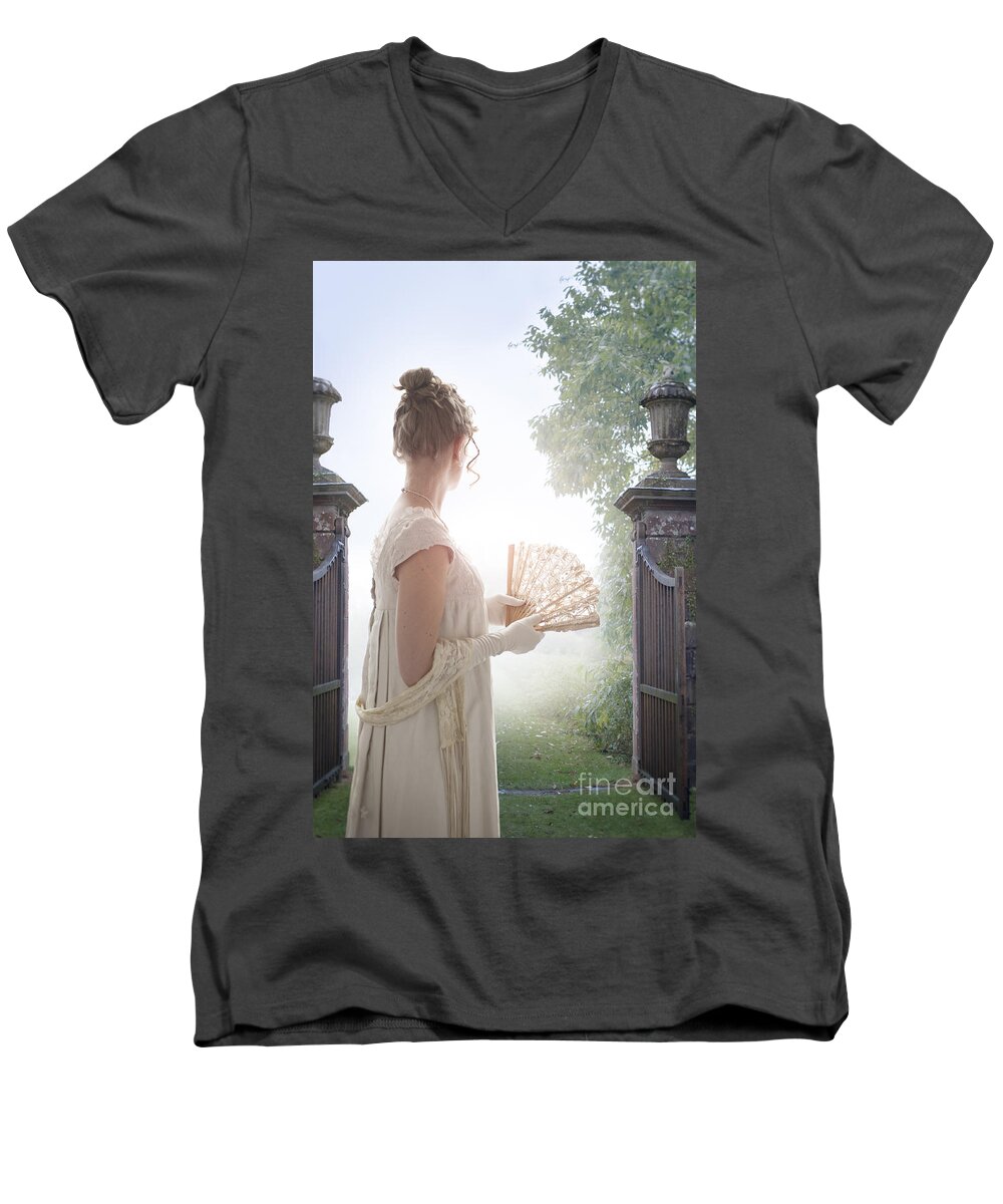 Regency Men's V-Neck T-Shirt featuring the photograph Regency Woman Looking Through A Gateway by Lee Avison