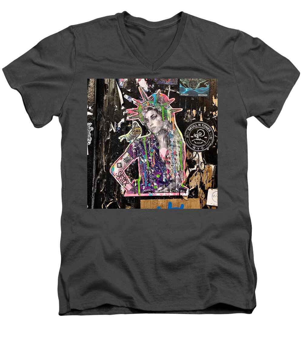 Amy Men's V-Neck T-Shirt featuring the painting New York City Rehab Amy Winehouse Graffiti by Anna Ruzsan