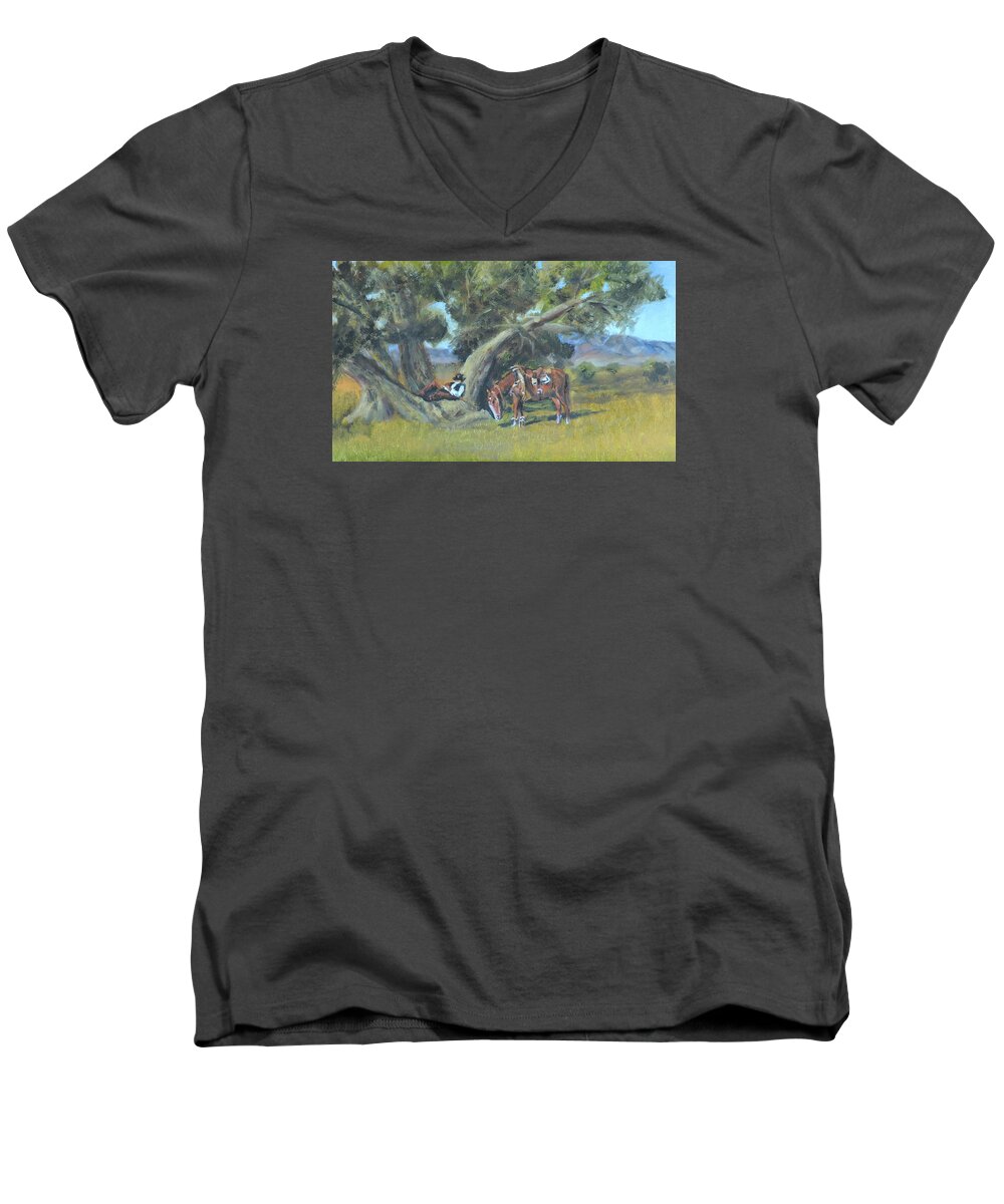 Luczay Men's V-Neck T-Shirt featuring the painting Resting Cowboy Painting A Study by Katalin Luczay