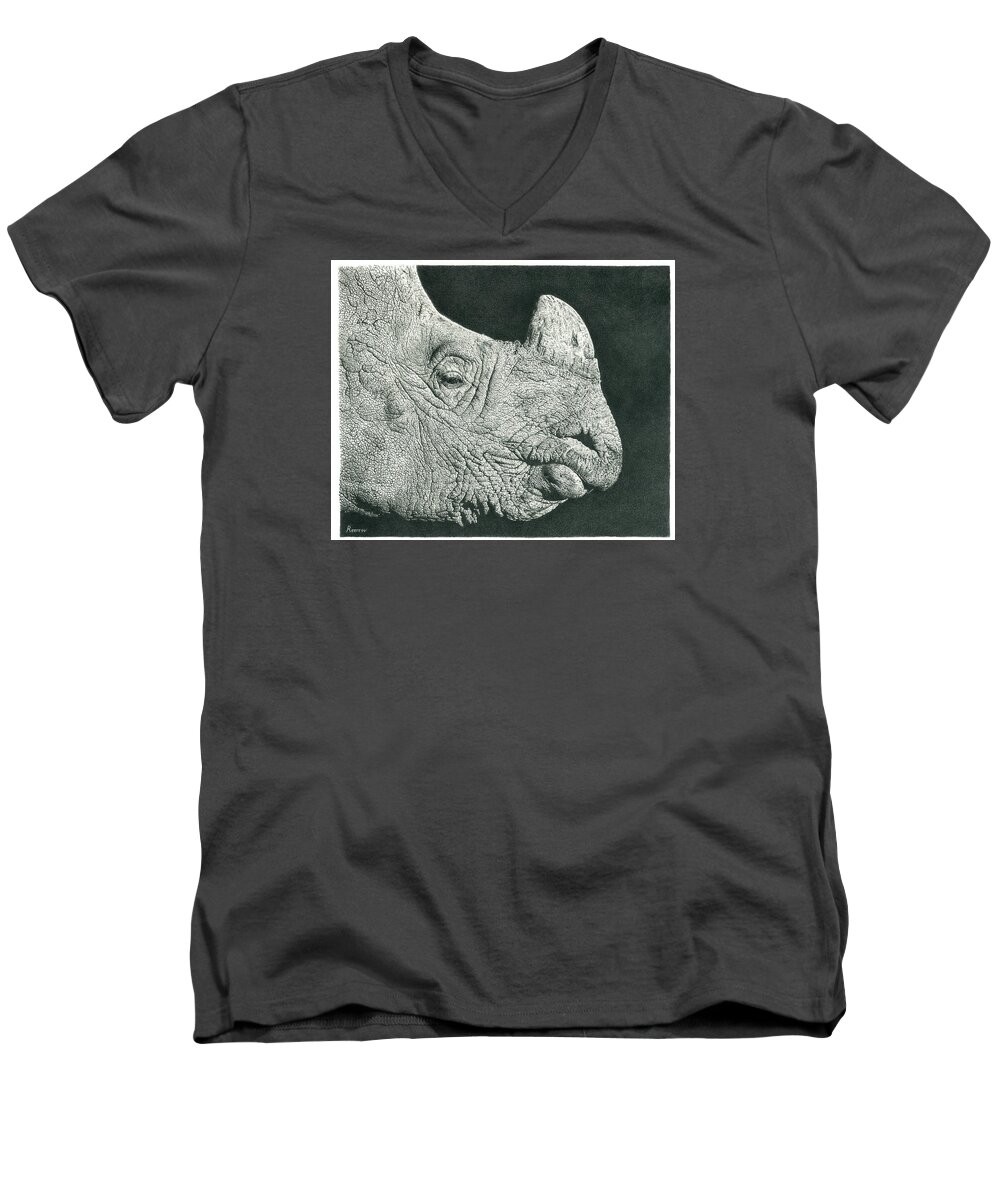 Rhino Men's V-Neck T-Shirt featuring the drawing Rhino Pencil Drawing by Casey 'Remrov' Vormer