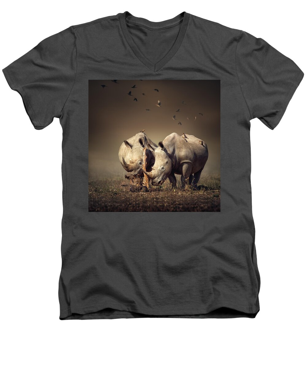 Rhinoceros Men's V-Neck T-Shirt featuring the photograph Rhino's with birds by Johan Swanepoel