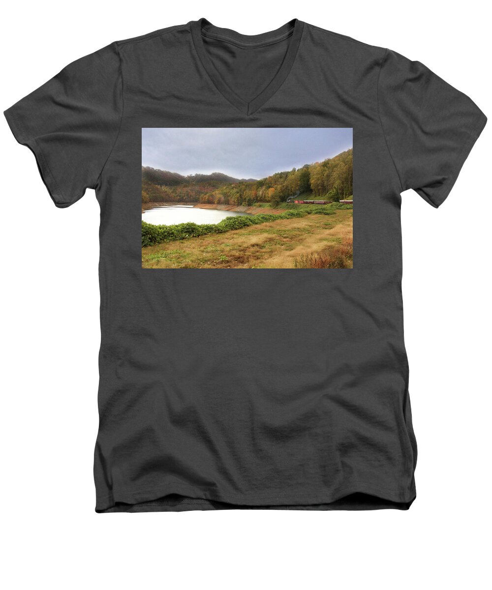 Landscape Men's V-Neck T-Shirt featuring the digital art Riding the Rails by Sharon Batdorf