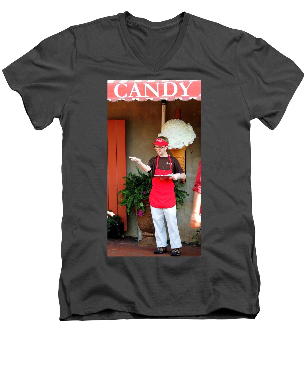 People Working Men's V-Neck T-Shirt featuring the photograph River Street Candy Man by Vincent Green