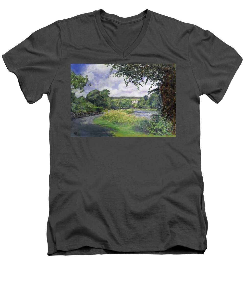 Landscape Men's V-Neck T-Shirt featuring the painting Riverside House and The Cauld by Richard James Digance