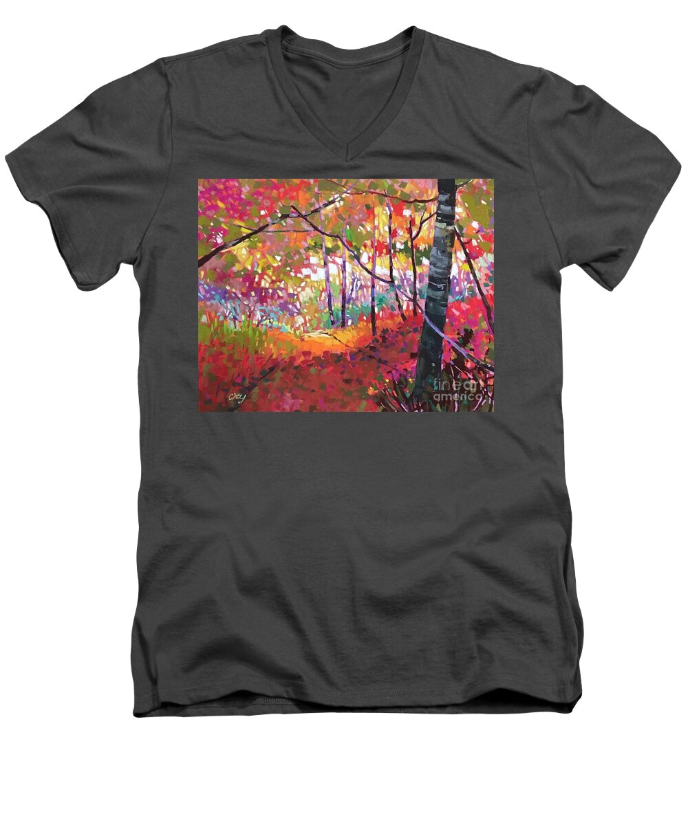 Red Men's V-Neck T-Shirt featuring the painting Road not taken by Celine K Yong