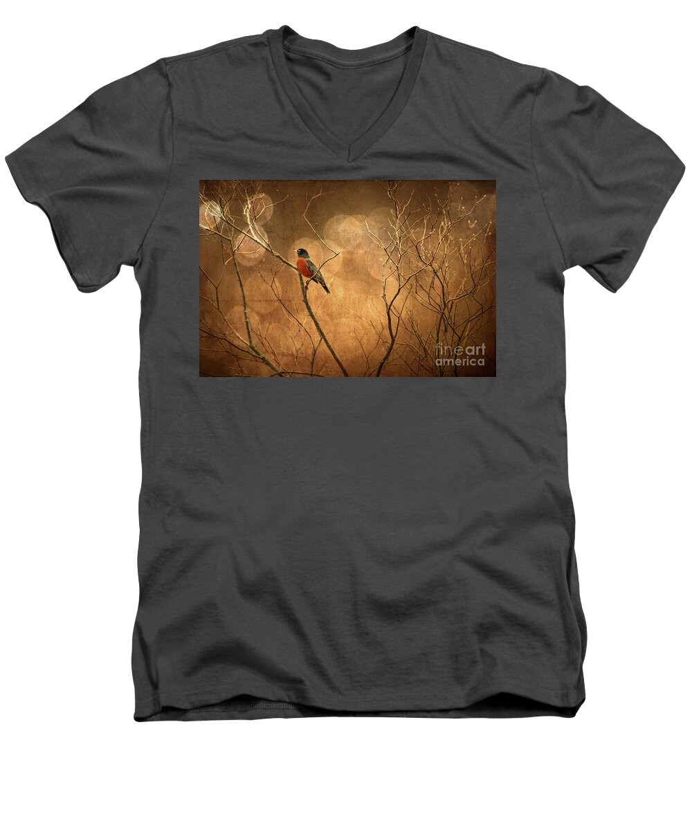 Robin Men's V-Neck T-Shirt featuring the photograph Robin by Lois Bryan