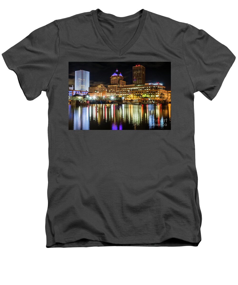 Panoramic Men's V-Neck T-Shirt featuring the photograph Rochester City Reflections by Joann Long