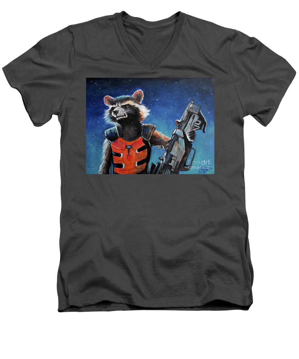 Guardians Of The Galaxy Men's V-Neck T-Shirt featuring the painting Rocket by Tom Carlton