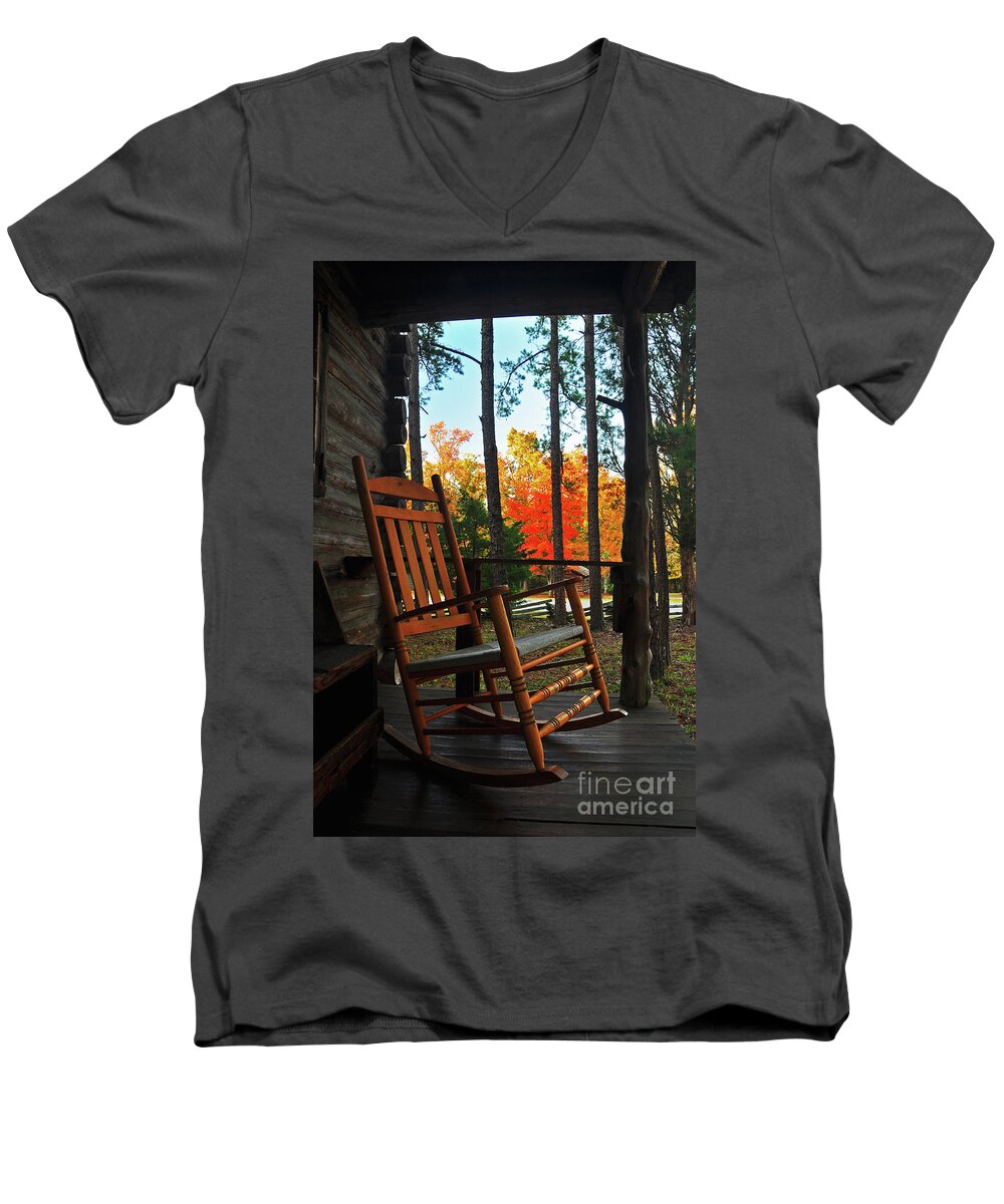 Porch Men's V-Neck T-Shirt featuring the photograph Rocking in Fall by Randy Rogers