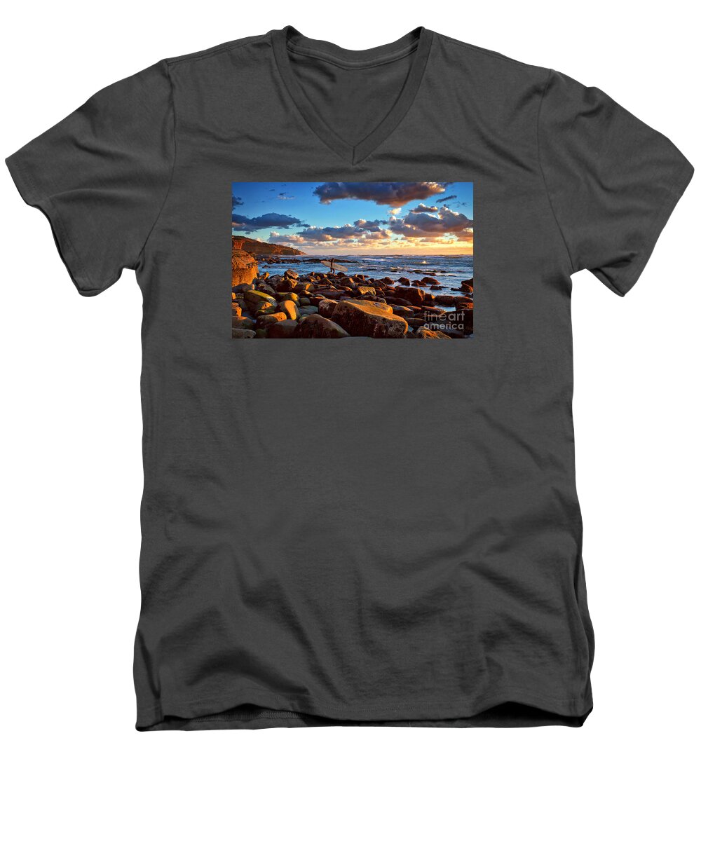 Sunset Men's V-Neck T-Shirt featuring the photograph Rocky Surf Conditions by Sam Antonio