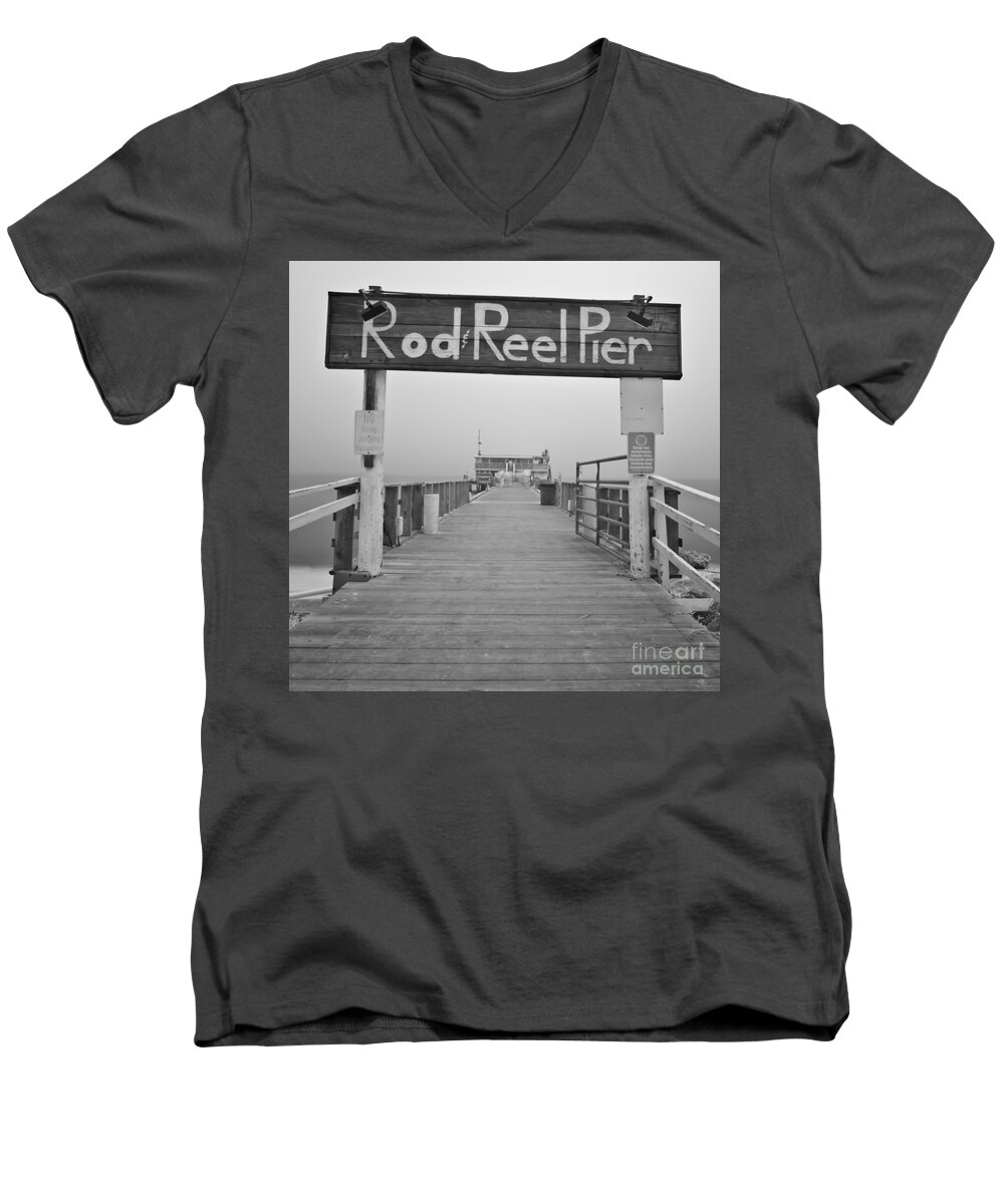 Rod And Reel Pier Men's V-Neck T-Shirt featuring the photograph Rod And Reel Pier in Fog in Infrared 53 by Rolf Bertram