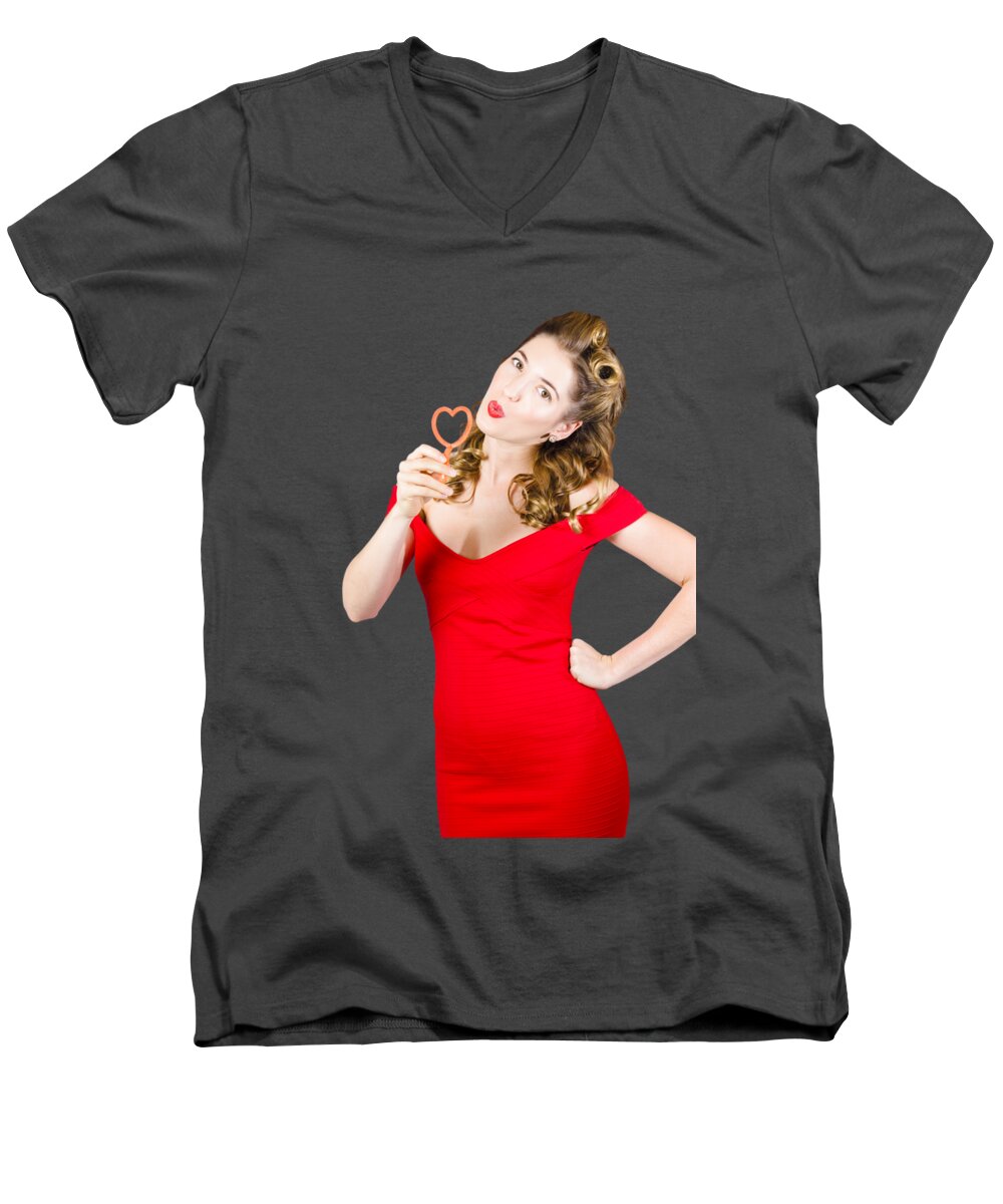 Valentines Day Men's V-Neck T-Shirt featuring the photograph Romantic blond pin-up lady blowing party bubbles by Jorgo Photography