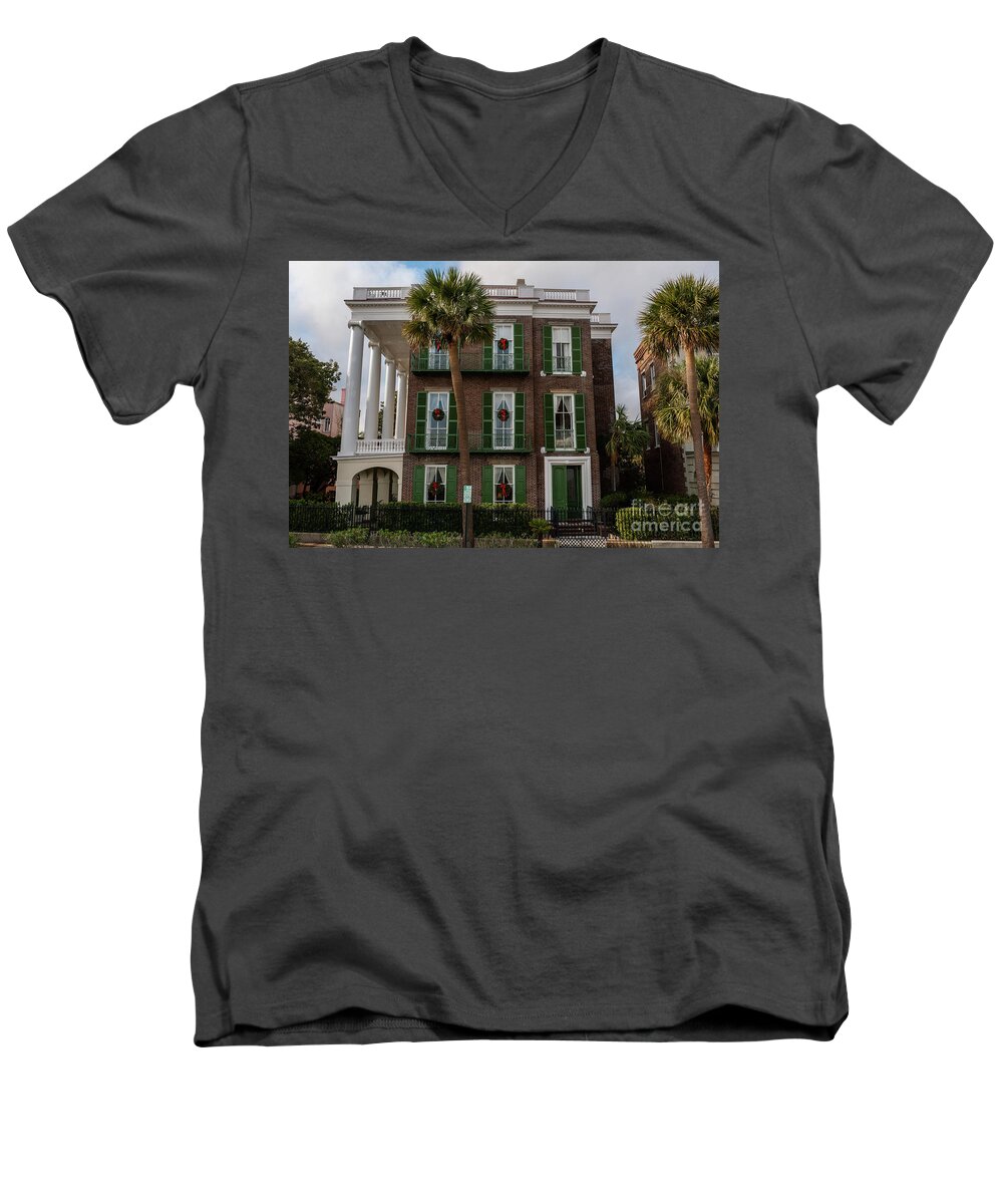Christmas Men's V-Neck T-Shirt featuring the photograph Roper Mansion in December by Dale Powell