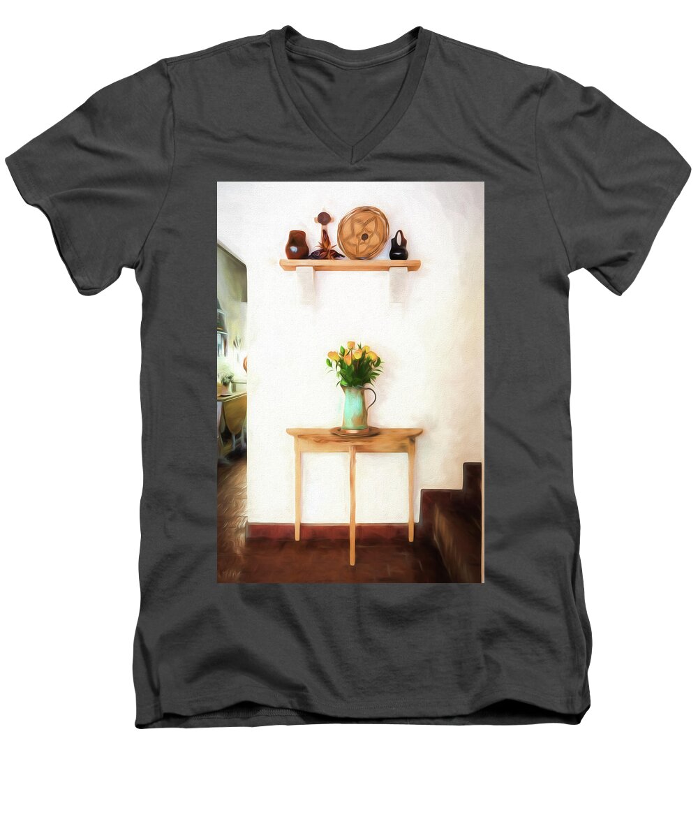 © 2017 Lou Novick All Rights Reserved Men's V-Neck T-Shirt featuring the digital art Rose's on table by Lou Novick