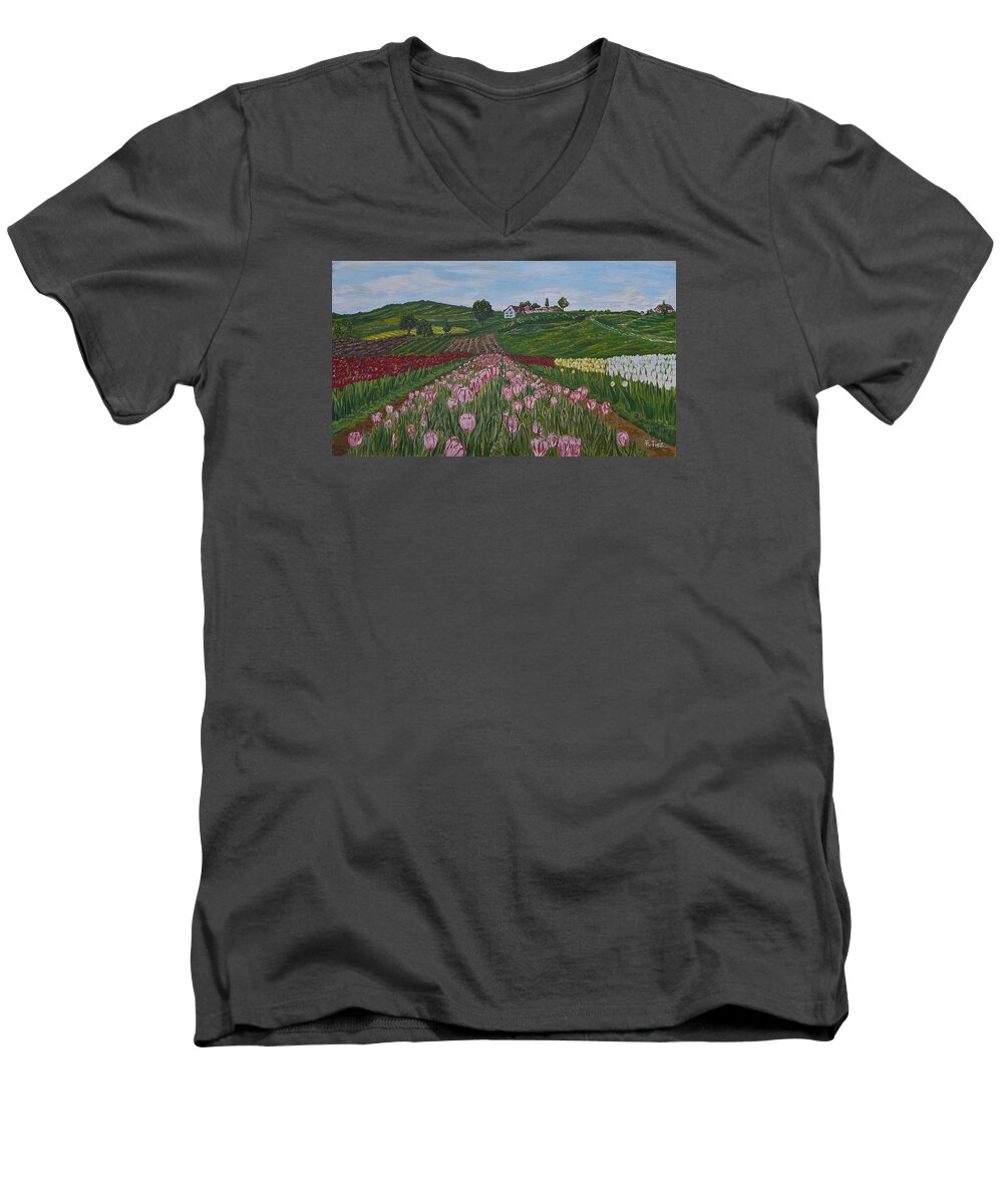 Building Men's V-Neck T-Shirt featuring the painting Walking in Paradise by Felicia Tica
