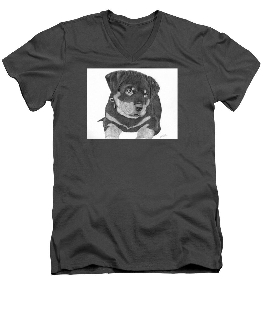 Rottweiler Men's V-Neck T-Shirt featuring the drawing Rottweiler Puppy by Patricia Hiltz