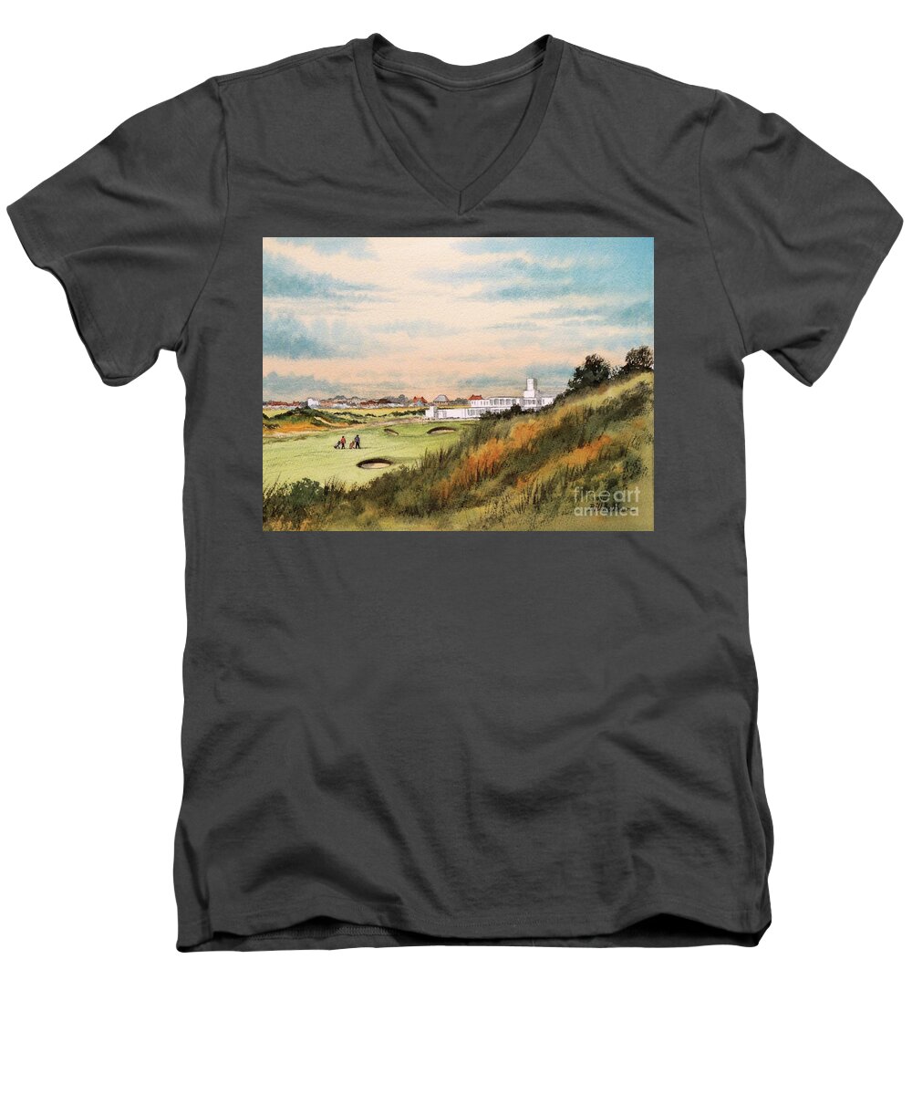 Royal Birkdale Golf Course Men's V-Neck T-Shirt featuring the painting Royal Birkdale Golf Course 18th Hole by Bill Holkham