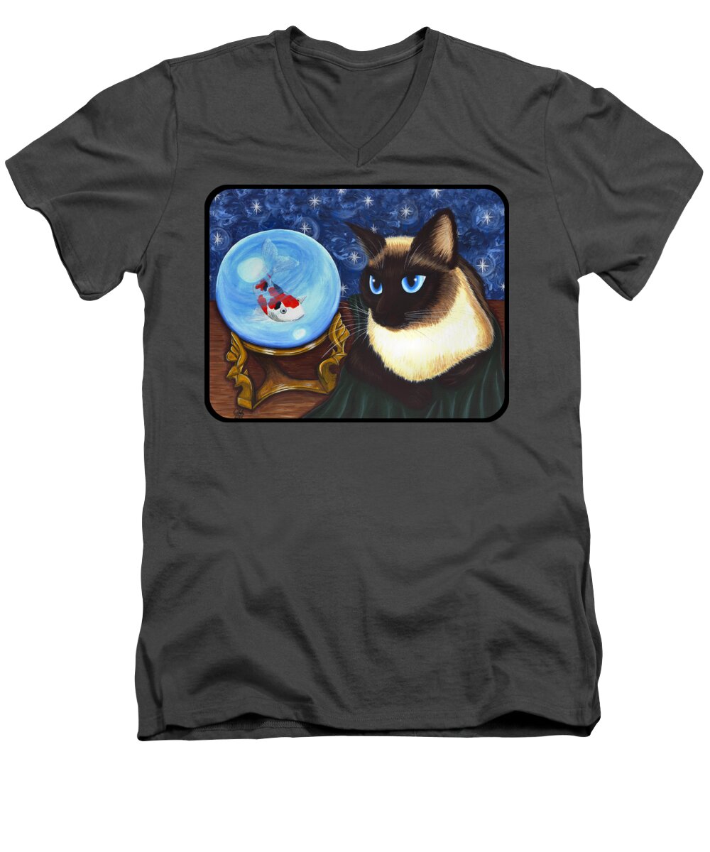 Siamese Cat Men's V-Neck T-Shirt featuring the painting Rue Rue's Fortune - Siamese Cat Koi by Carrie Hawks