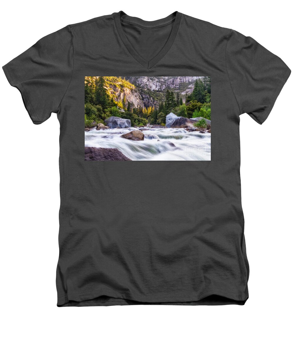 Sierras Men's V-Neck T-Shirt featuring the photograph Rush of the Merced by Anthony Michael Bonafede