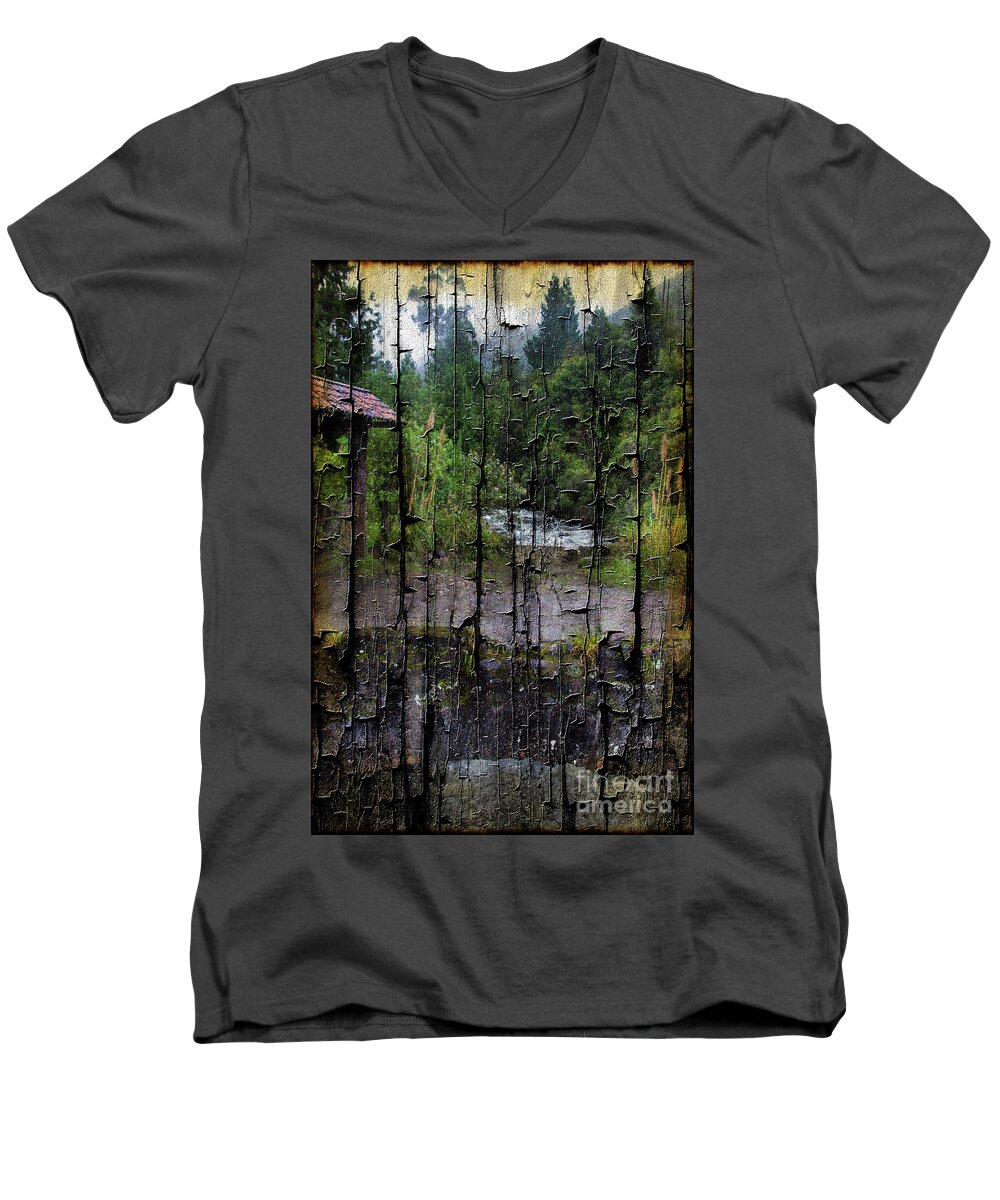 Chorros Men's V-Neck T-Shirt featuring the photograph Rushing Cascade In The Andes - On Bark by Al Bourassa