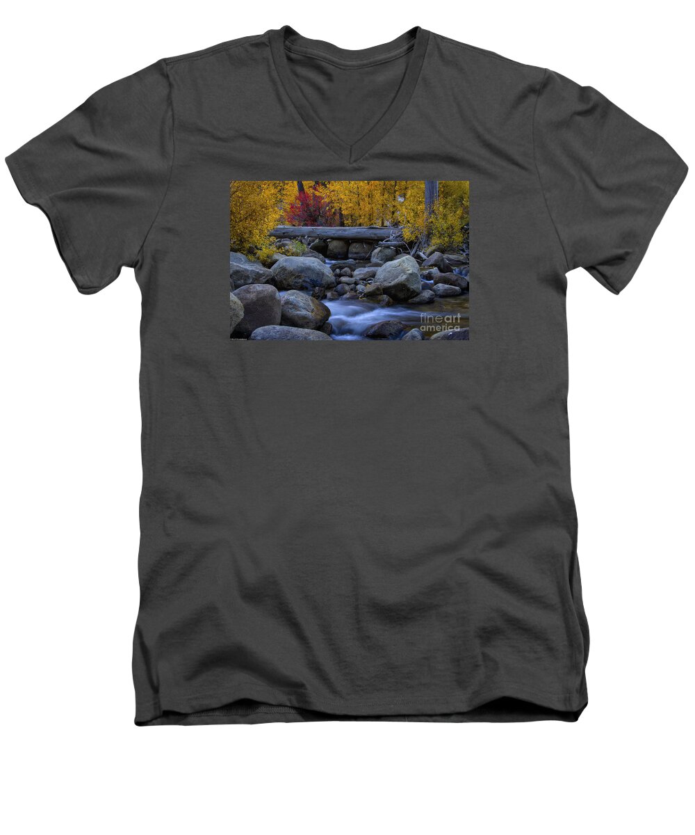 The Carson River West Fork Autumn Men's V-Neck T-Shirt featuring the photograph Rushing Into Autumn by Mitch Shindelbower