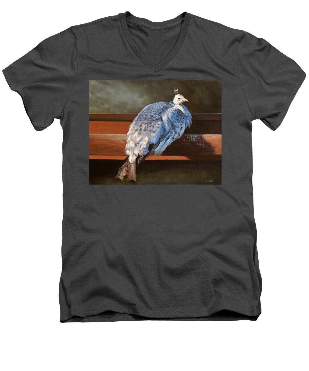 Oil Men's V-Neck T-Shirt featuring the painting Rustic Elegance - White Peahen by Linda Merchant