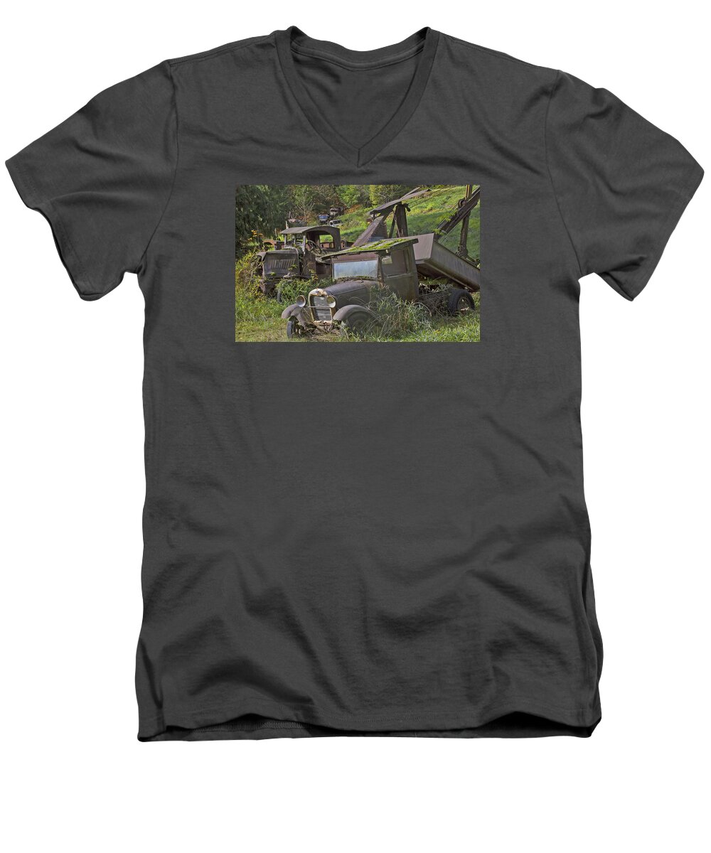 Rusty Classic Cars Men's V-Neck T-Shirt featuring the photograph Rusting Out by Elvira Butler