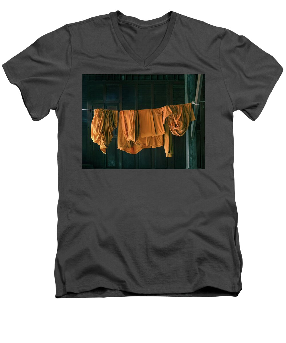 Buddhism Men's V-Neck T-Shirt featuring the photograph Saffron robes by Jeremy Holton
