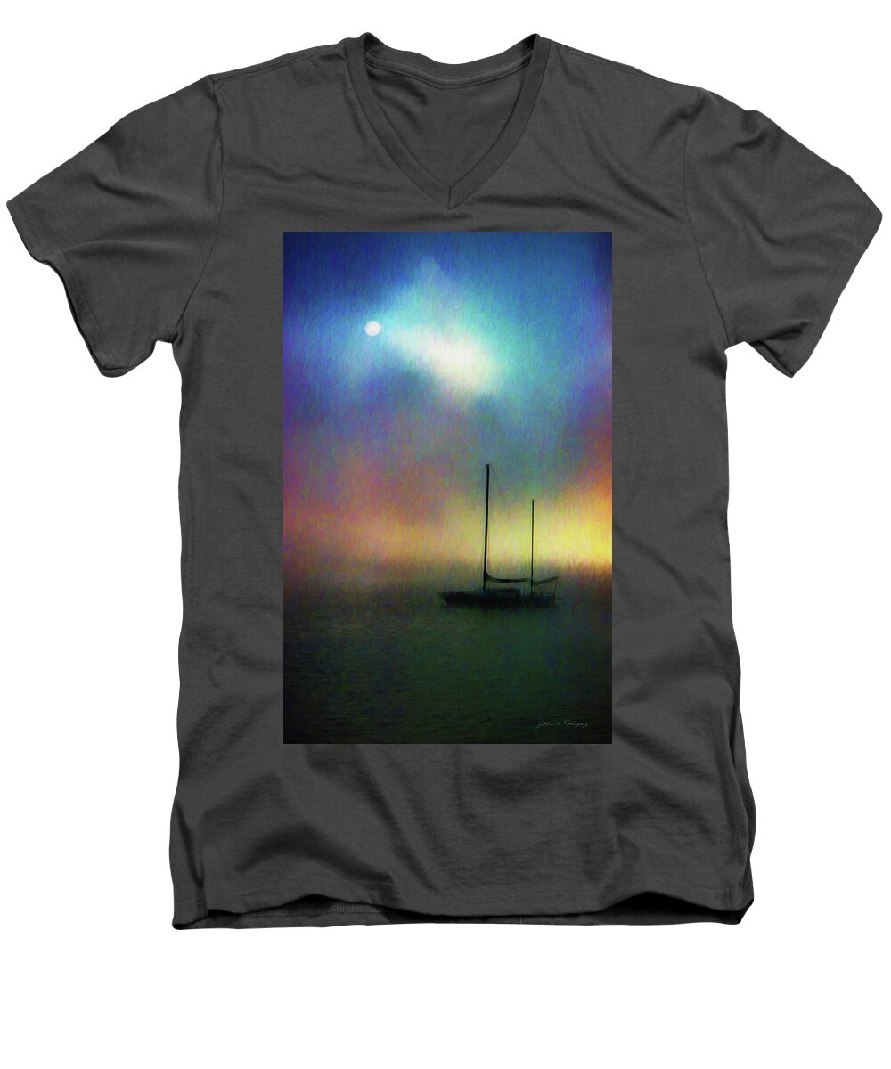 Seascape Men's V-Neck T-Shirt featuring the mixed media Sailboat at Sunset by John A Rodriguez
