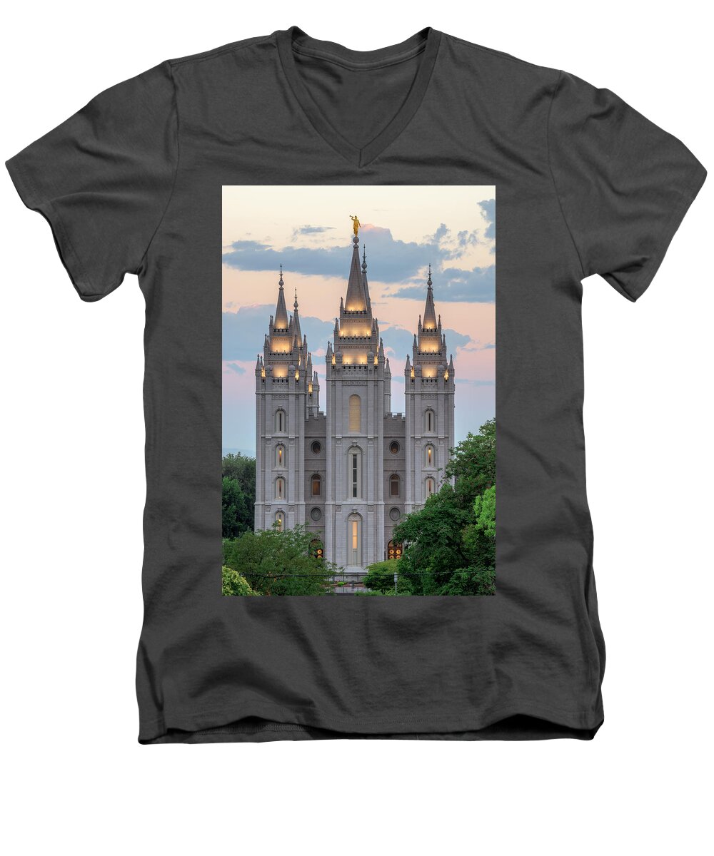 Salt Lake City Temple Men's V-Neck T-Shirt featuring the photograph Salt Lake City Temple Morning by Dustin LeFevre
