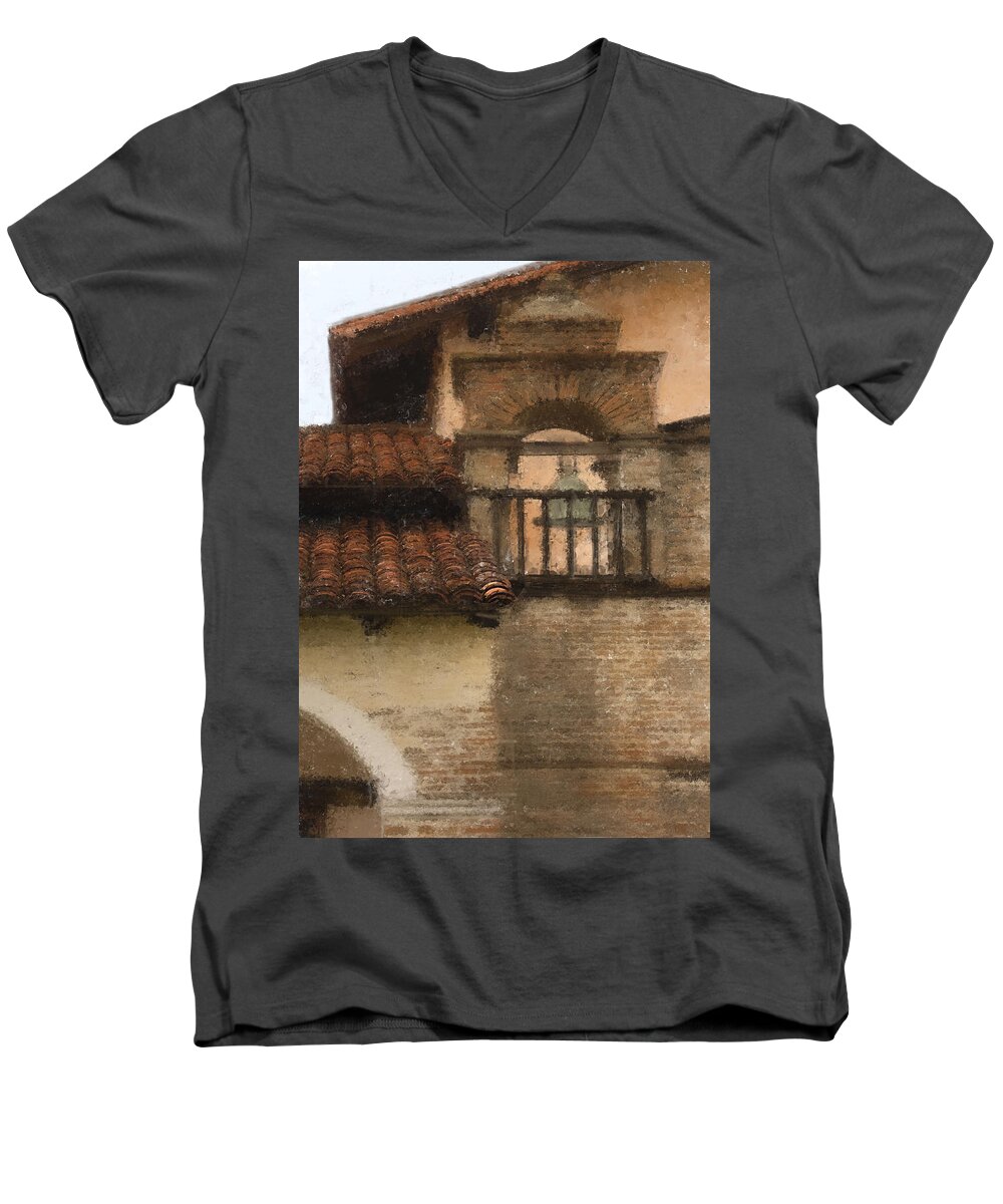 Mission Men's V-Neck T-Shirt featuring the digital art San Antonio Bell II by Sharon Foster