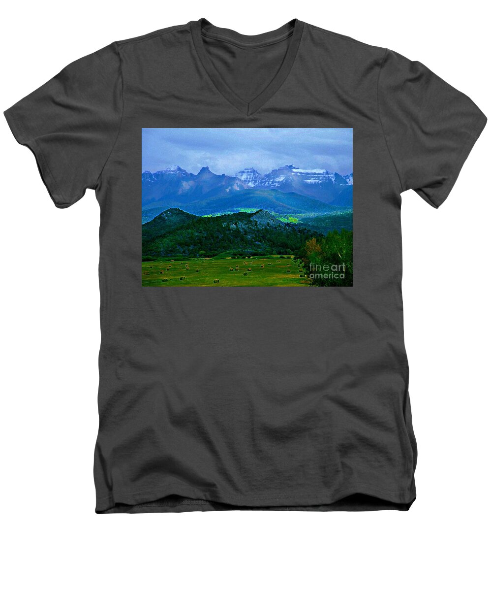 Montrose County Colorado Men's V-Neck T-Shirt featuring the digital art San Jauns late fall by Annie Gibbons