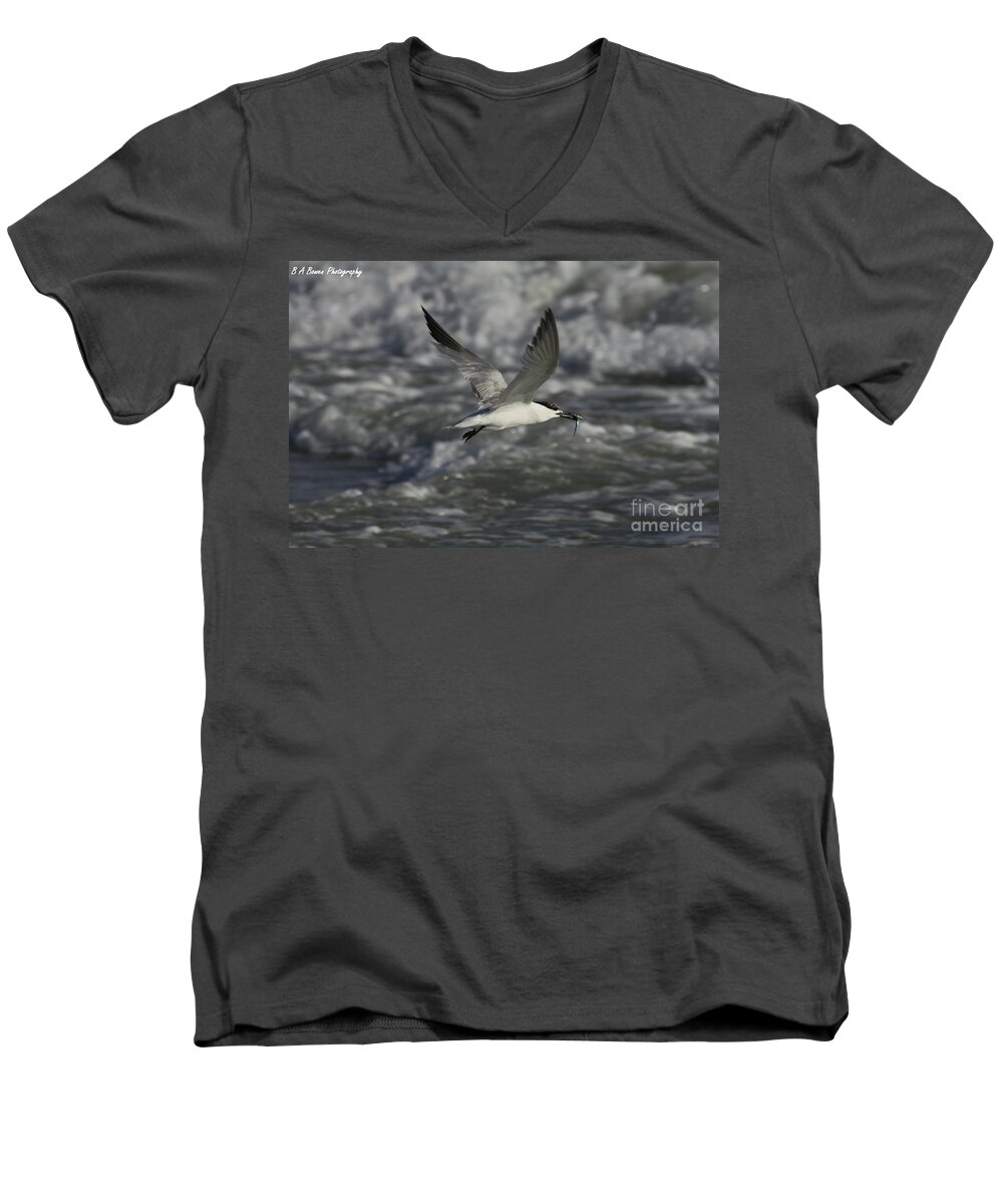 Sandwhich Tern Men's V-Neck T-Shirt featuring the photograph Sandwhich Tern flies over stormy waves by Barbara Bowen