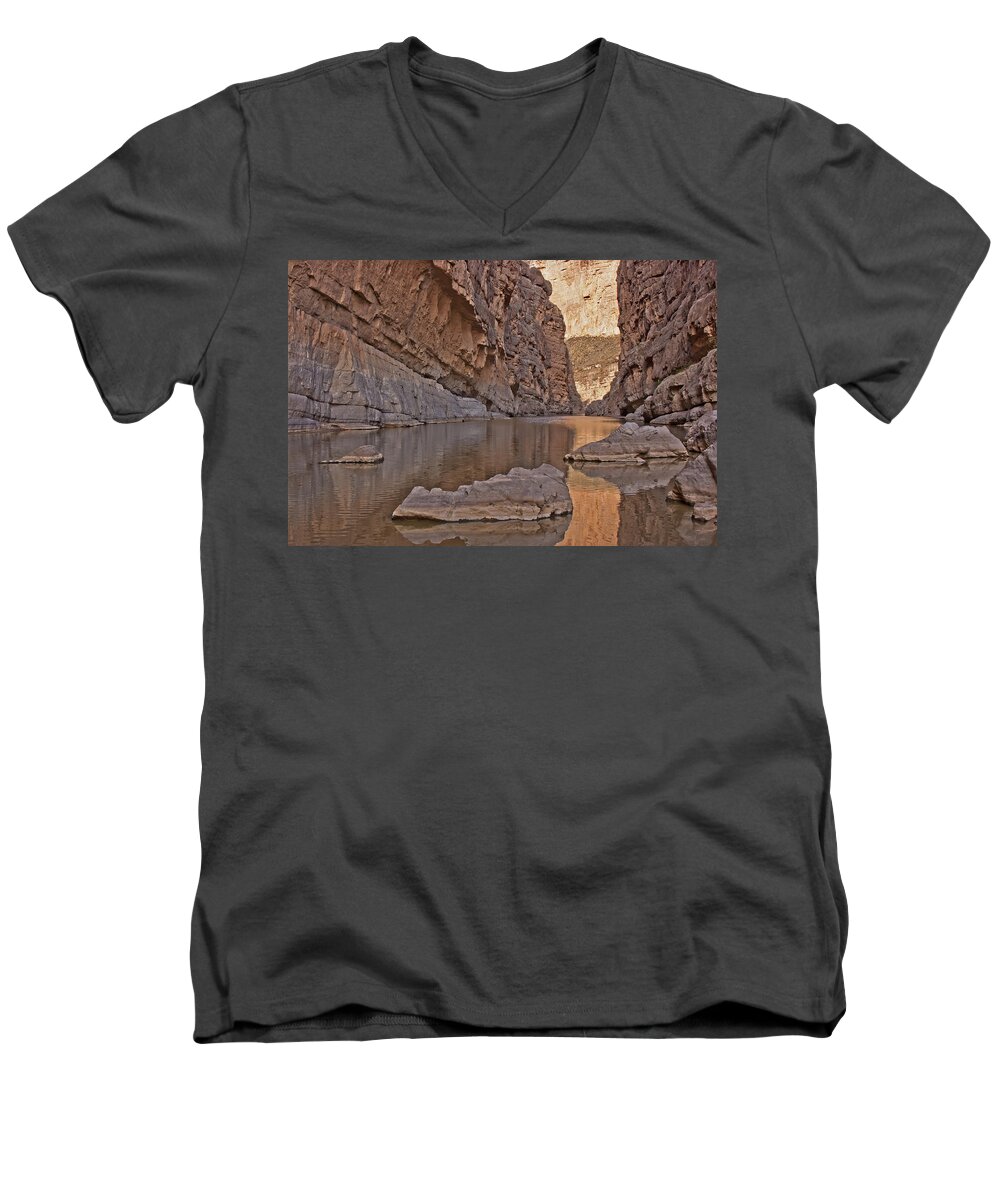 Rio Grande Men's V-Neck T-Shirt featuring the photograph Santa Elena Canyon by Angie Schutt