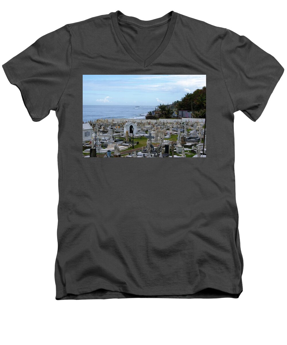 San Juan Men's V-Neck T-Shirt featuring the photograph Santa Maria Magdalena De Pazzis Cemetery, Old San Juan by Lois Lepisto