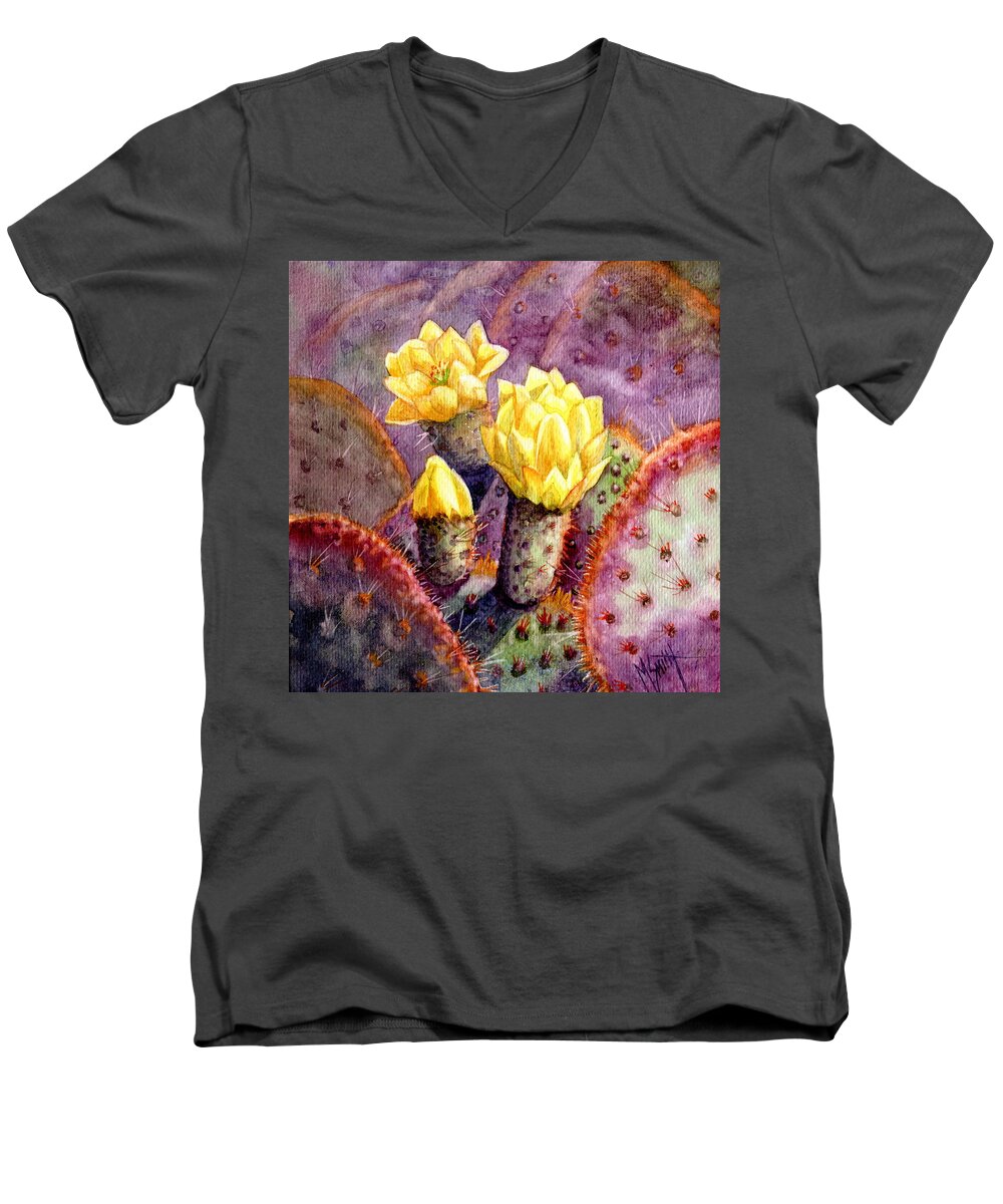 Santa Rita Cactus Men's V-Neck T-Shirt featuring the painting Santa Rita Prickly Pear Cactus by Marilyn Smith
