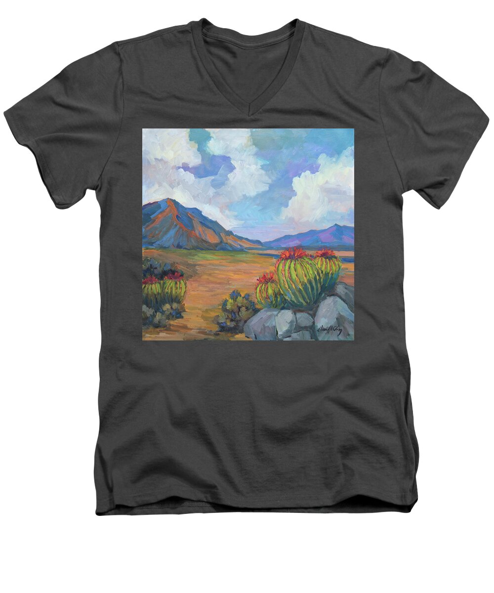 Desert Men's V-Neck T-Shirt featuring the painting Santa Rosa Mountains and Barrel Cactus by Diane McClary